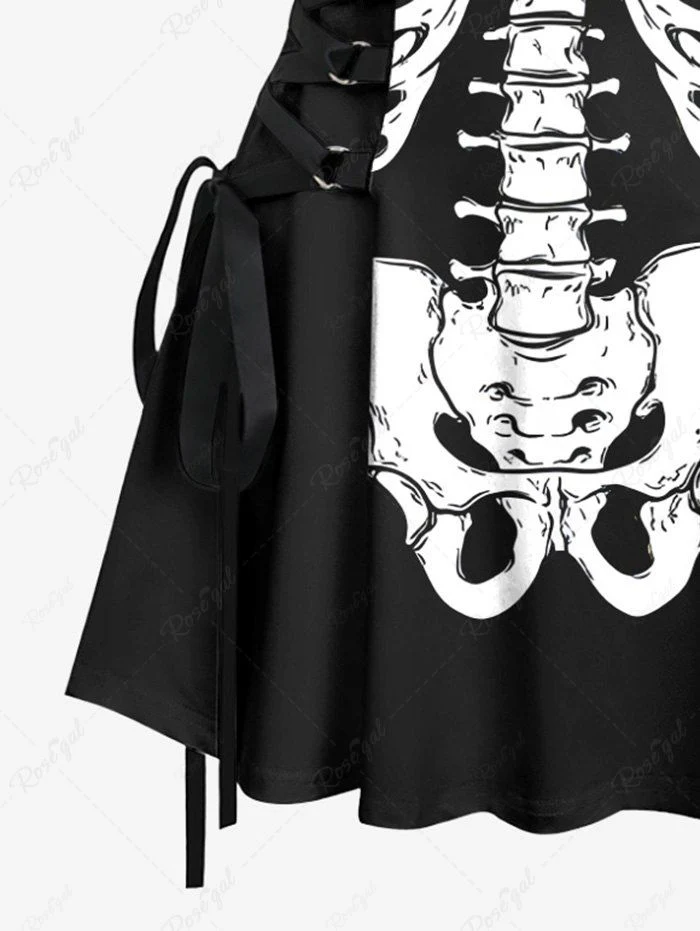 Halloween Costume Skeleton Printed Lace Up Tank Dress - Image 5