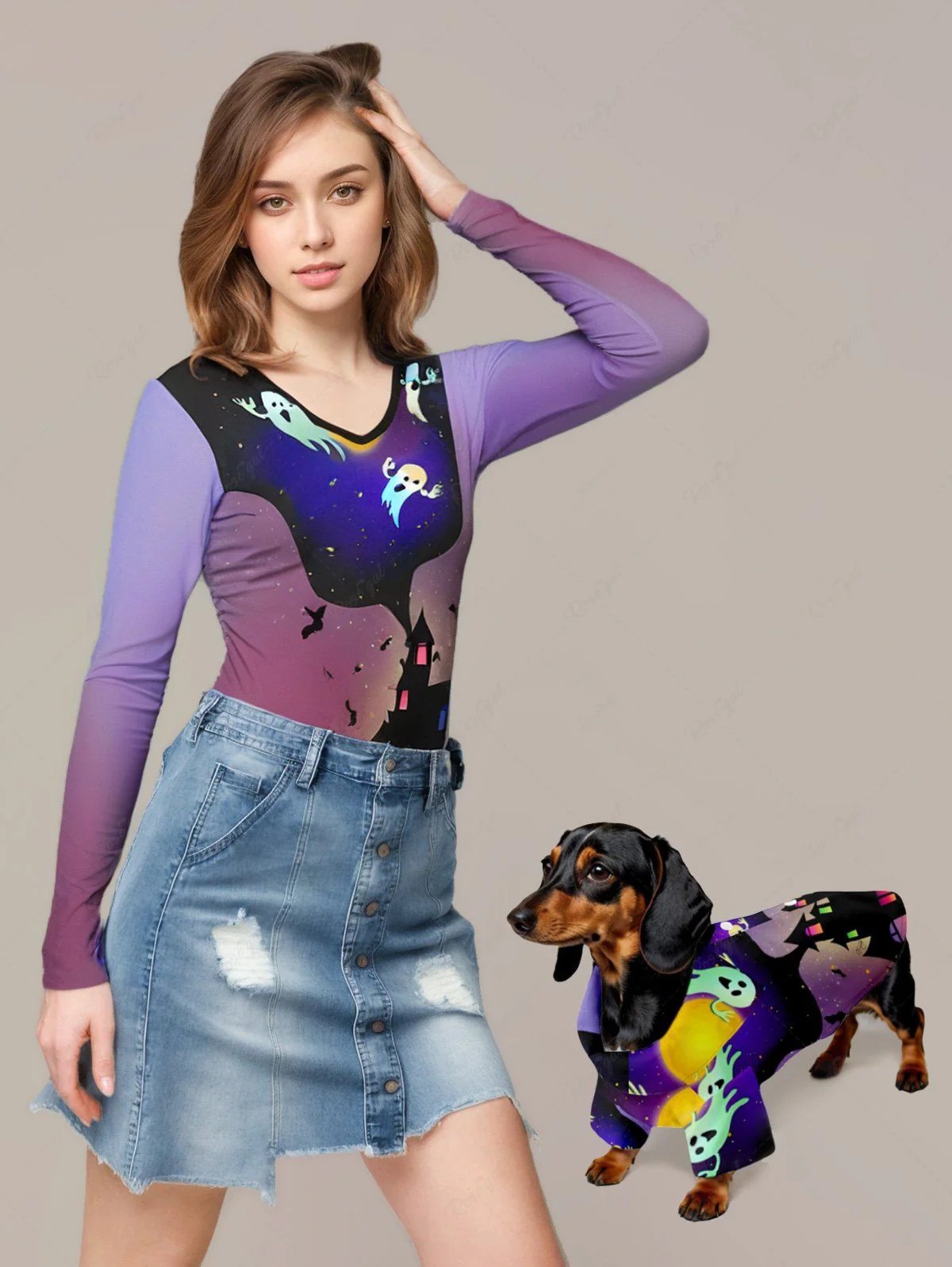 Halloween Pumpkin Castle Tree Bat Ghost Ombre Galaxy Printed Long Sleeves T-shirt - Image 4