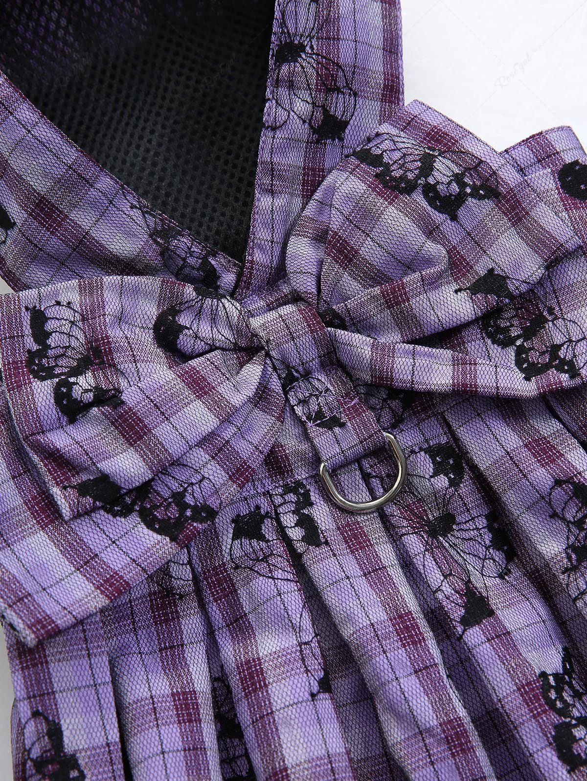 Pet's Butterfly Plaid Printed Ruffles Bowknot Tied Harness Dress with Leash - Image 6