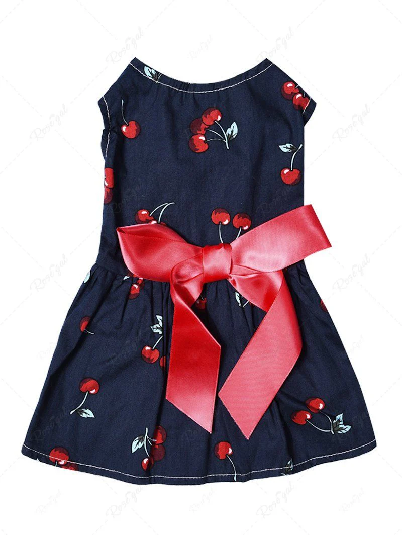 Pet's Cherry Printed Bowknot Ruched Dress - Image 3