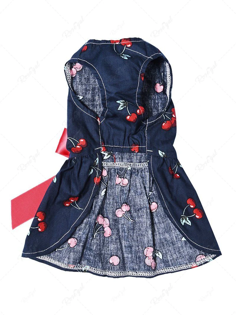 Pet's Cherry Printed Bowknot Ruched Dress - Image 4