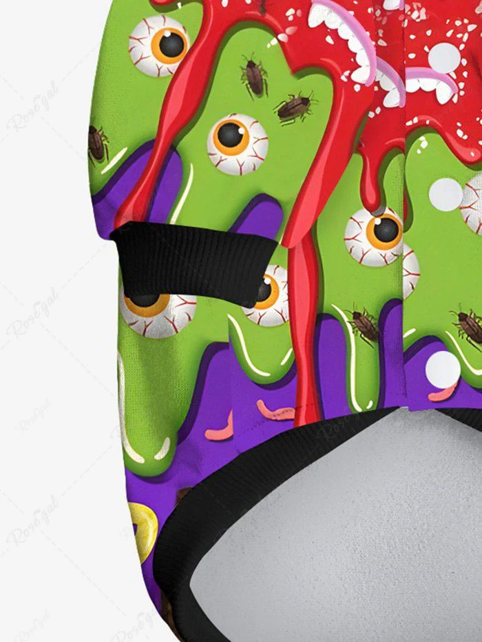 Pet's Eye Insects Paint Drop Blobs Teeth Colorblock Printed Halloween Hoodie - Image 6