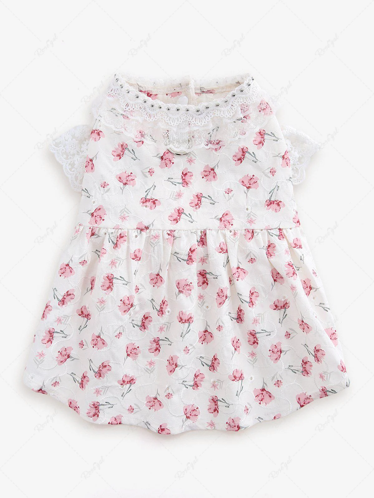 Pet's Flower Printed Jacquard Embroidered Lace Trim Patchwork Rivet Button Dress - Image 3