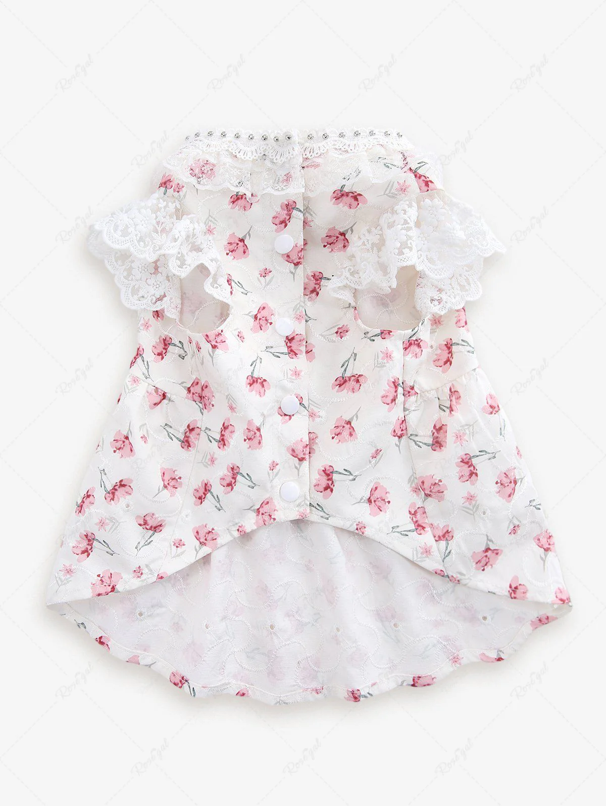 Pet's Flower Printed Jacquard Embroidered Lace Trim Patchwork Rivet Button Dress - Image 4
