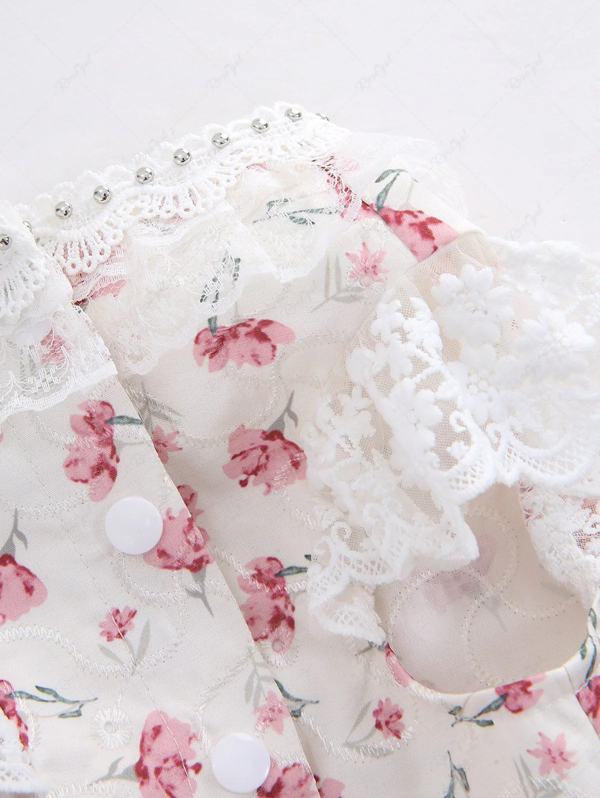 Pet's Flower Printed Jacquard Embroidered Lace Trim Patchwork Rivet Button Dress - Image 7