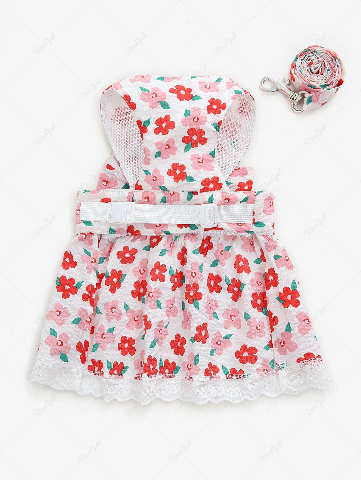 Pet's Flowers Printed Bowknot Lace Trim Dress With Leash - Image 4