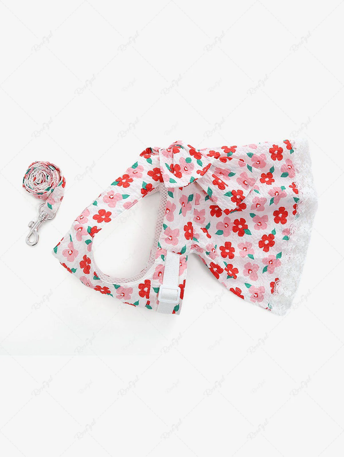 Pet's Flowers Printed Bowknot Lace Trim Dress With Leash - Image 5
