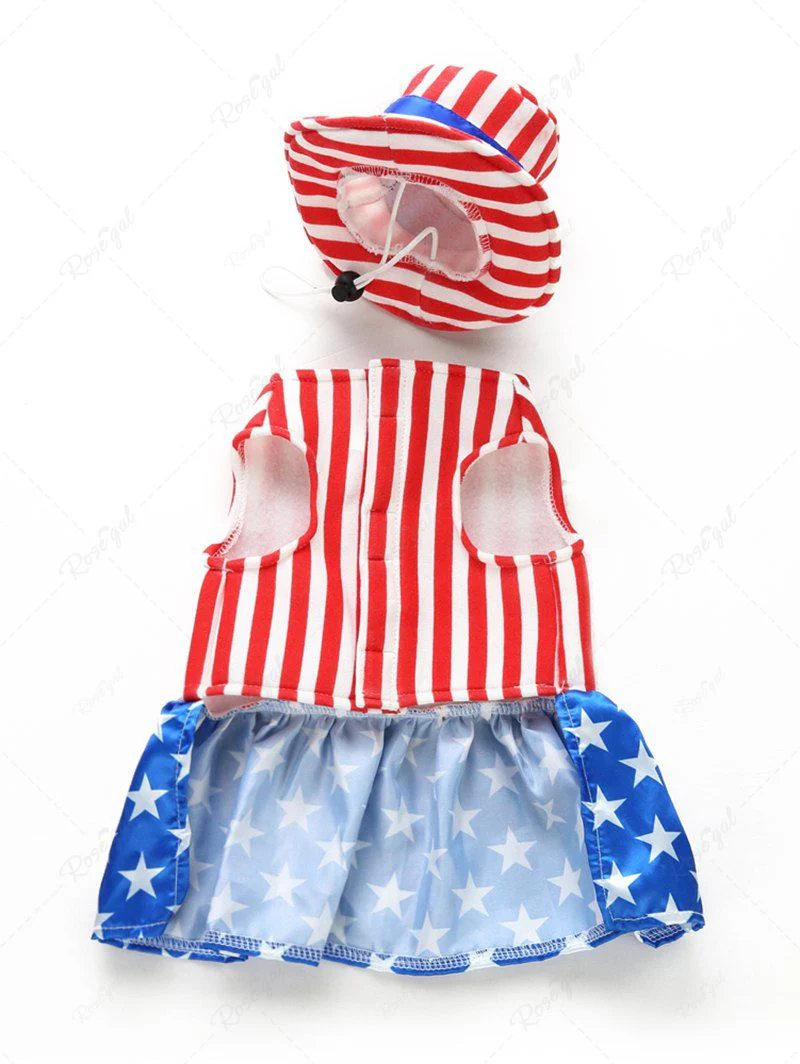 Pet's 4th of July Independence Day Costume Patriotic American Flag Striped Printed Dress with Toggle Hat - Image 4