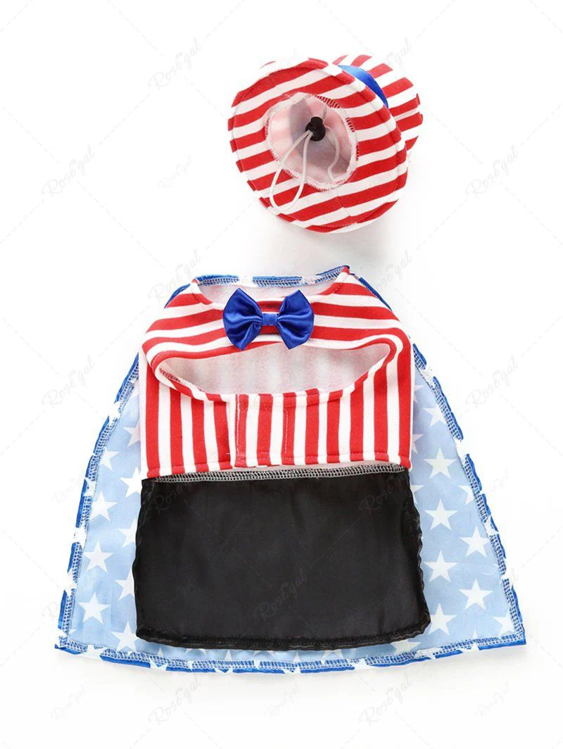 Pet's Patriotic 4th of July Independence Day Costume American Flag Printed Bowknot Cape With Hat - Image 3