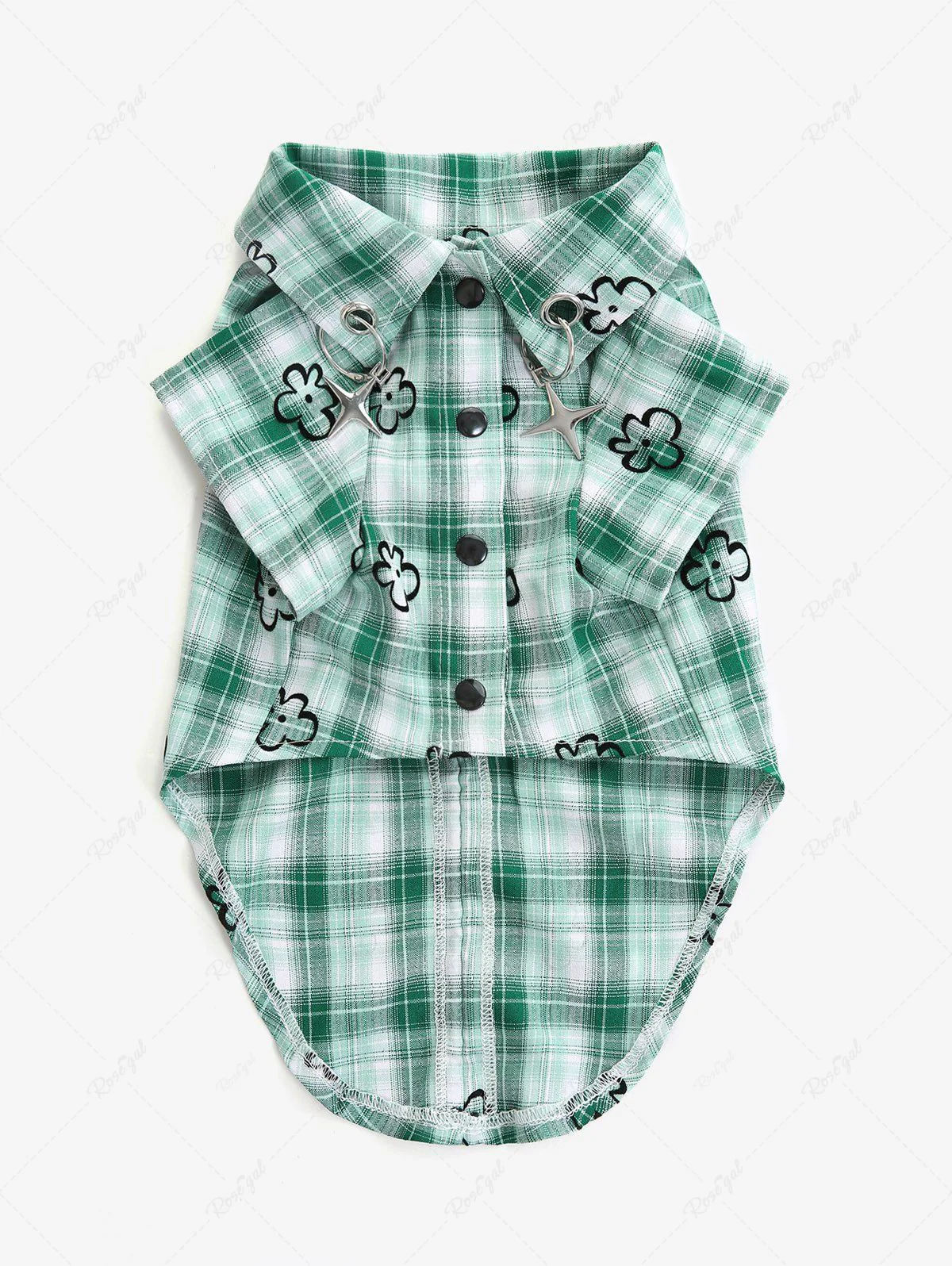 Pet's Plaid Floral Printed Toggle Drawstring O-Ring Stars Button Shirt - Image 4