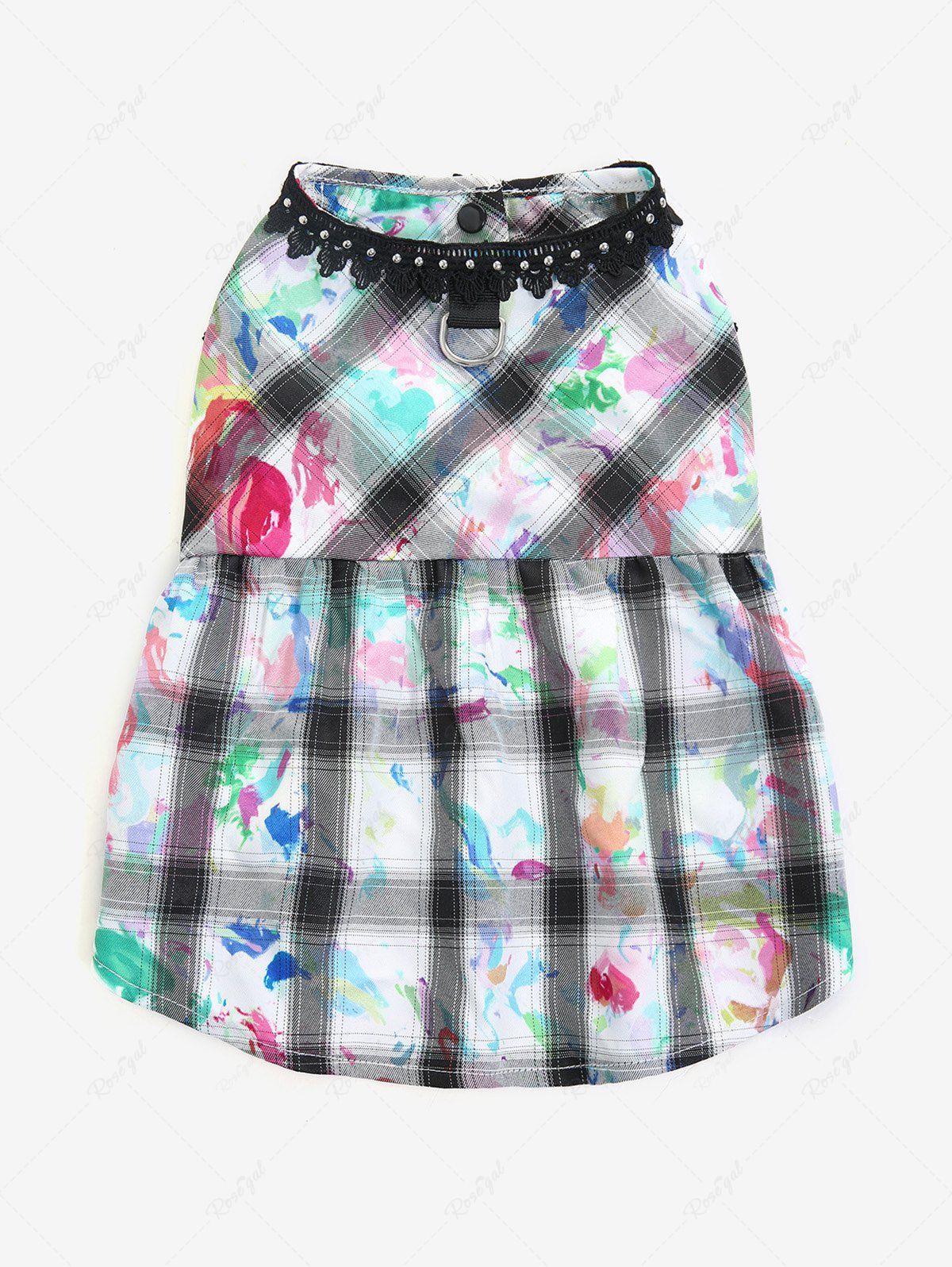 Pet's Plaid Painting Graffiti Printed Glitter Rivet Floral Crochet Trim Button Dress - Image 3