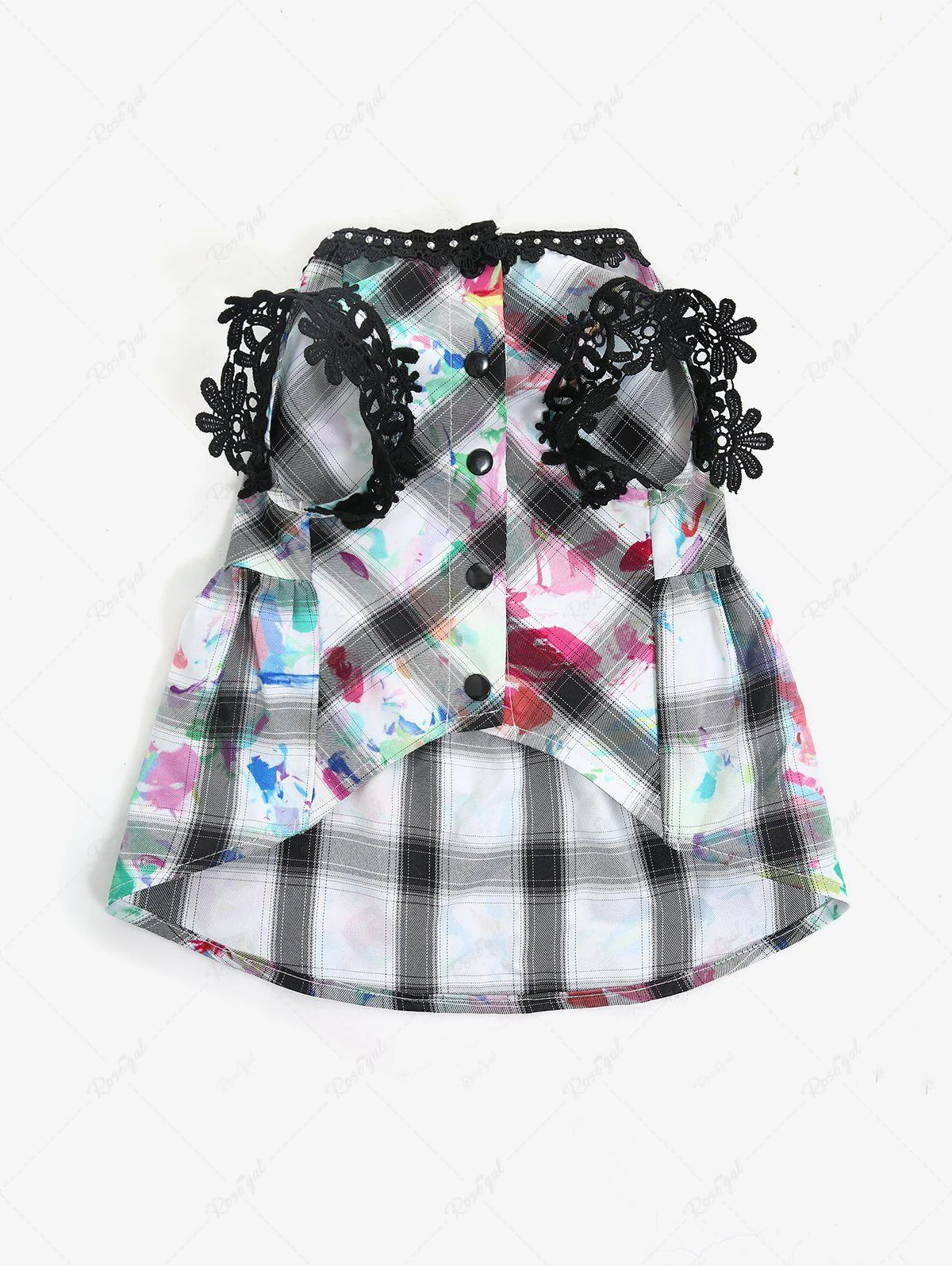 Pet's Plaid Painting Graffiti Printed Glitter Rivet Floral Crochet Trim Button Dress - Image 4