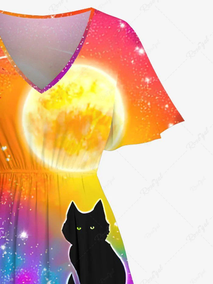 Plus Size Cat Pumpkin Glitter Moon Colorful Ombre Galaxy Printed Halloween Costume Split Pocket Midi Dress - Image 4