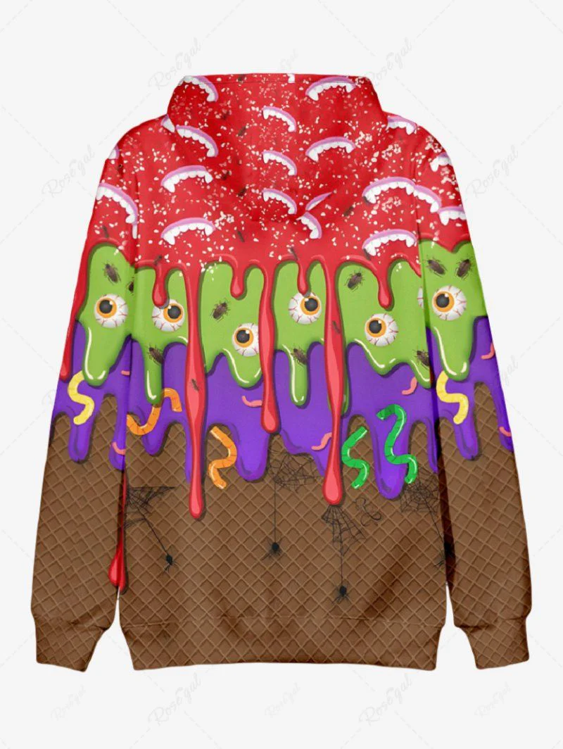 Plus Size Eye Insects Paint Drop Blobs Teeth Plaid Textured Printed Halloween Pocket Drawstring Pullover Hoodie - Image 6