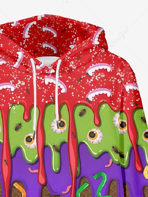 Plus Size Eye Insects Paint Drop Blobs Teeth Plaid Textured Printed Halloween Pocket Drawstring Pullover Hoodie - Image 7