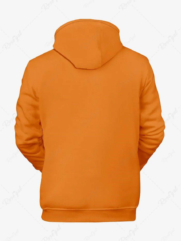 Plus Size Halloween Costume Pumpkin Face Printed Pocket Drawstring Hoodie For Men - Image 4