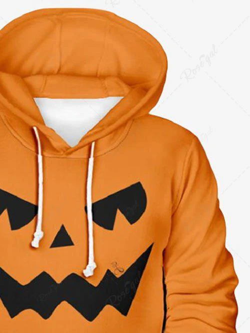 Plus Size Halloween Costume Pumpkin Face Printed Pocket Drawstring Hoodie For Men - Image 5