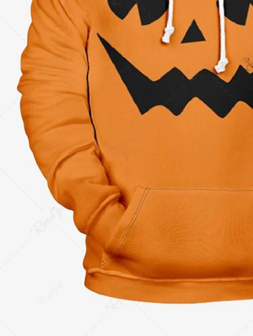 Plus Size Halloween Costume Pumpkin Face Printed Pocket Drawstring Hoodie For Men - Image 6