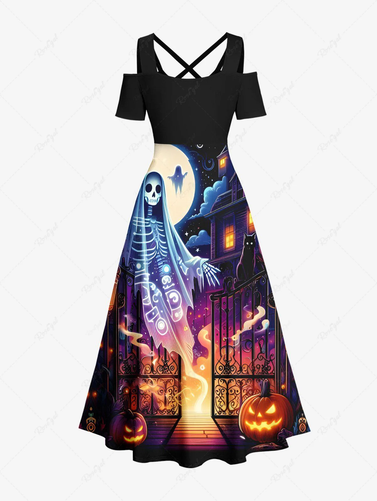 Plus Size Halloween Costume Skeleton Ghost Pumpkin Latern Moon Printed Cold Shoulder Crisscross Maxi Dress - Image 3