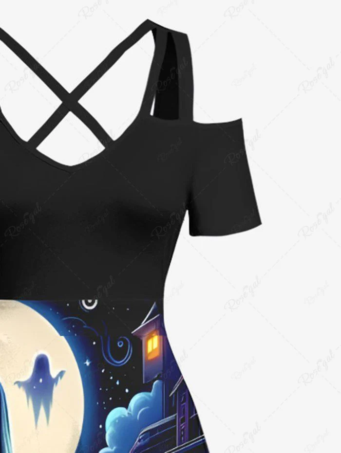 Plus Size Halloween Costume Skeleton Ghost Pumpkin Latern Moon Printed Cold Shoulder Crisscross Maxi Dress - Image 4