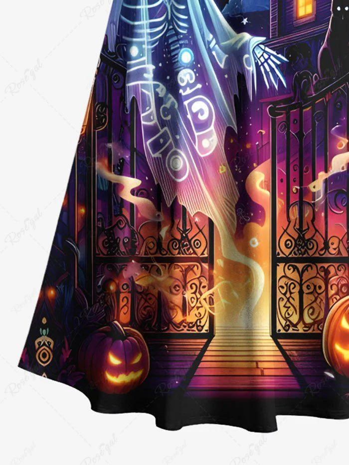 Plus Size Halloween Costume Skeleton Ghost Pumpkin Latern Moon Printed Cold Shoulder Crisscross Maxi Dress - Image 5