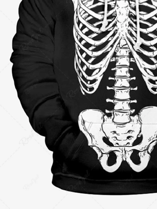 Plus Size Halloween Costume Skeleton Printed Pocket Drawstring Hoodie For Men - Image 7