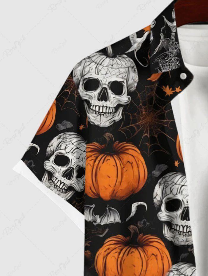 Halloween Pumpkin Skulls Bat Spider Web Printed Buttons Pocket Shirt For Men - Image 3