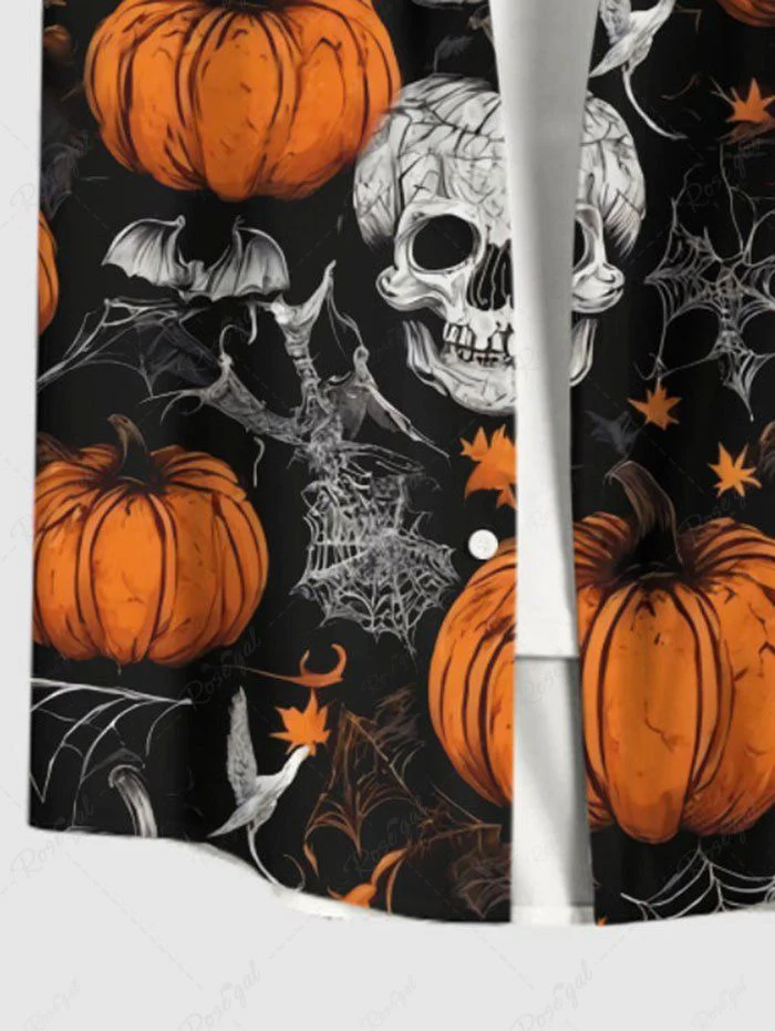 Halloween Pumpkin Skulls Bat Spider Web Printed Buttons Pocket Shirt For Men - Image 4
