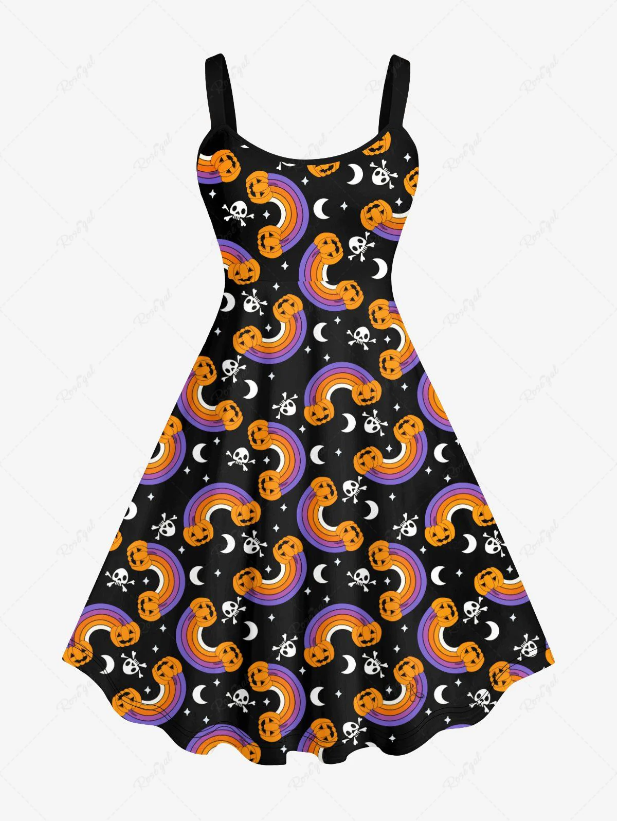 Plus Size Pumpkin Rainbow Star Moon Skulls Printed Halloween Costume A Line Tank Dress - Image 3