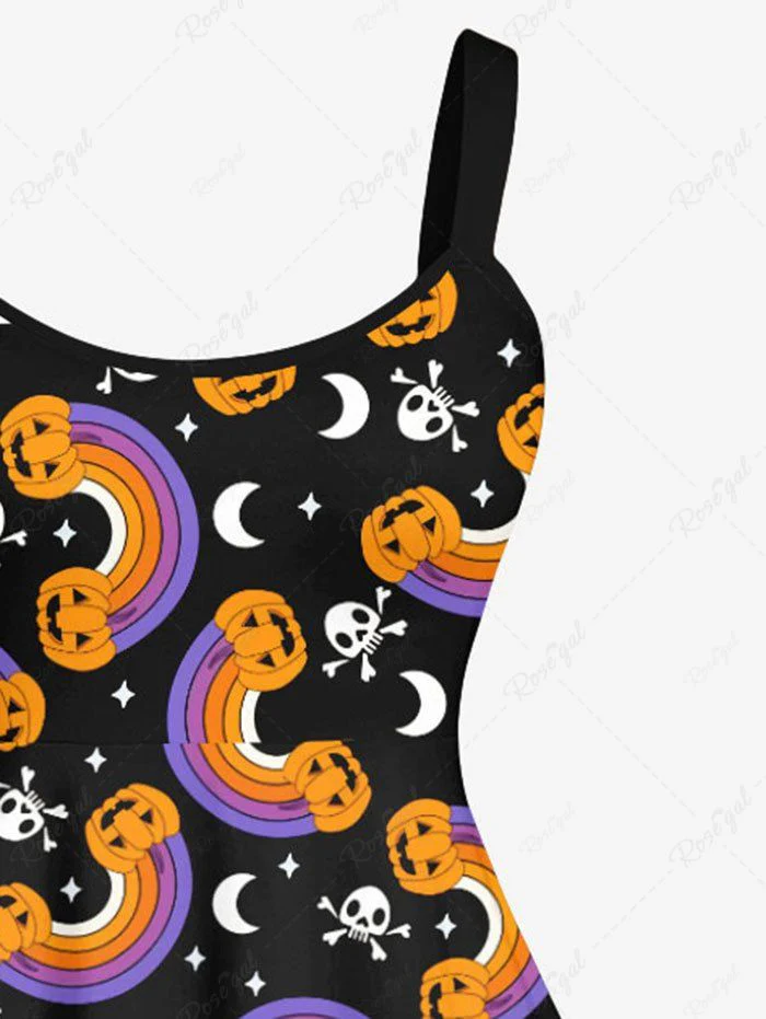 Plus Size Pumpkin Rainbow Star Moon Skulls Printed Halloween Costume A Line Tank Dress - Image 5