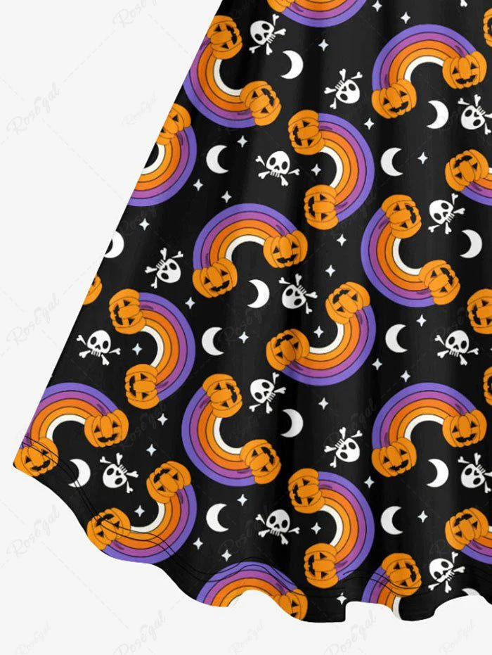 Plus Size Pumpkin Rainbow Star Moon Skulls Printed Halloween Costume A Line Tank Dress - Image 6