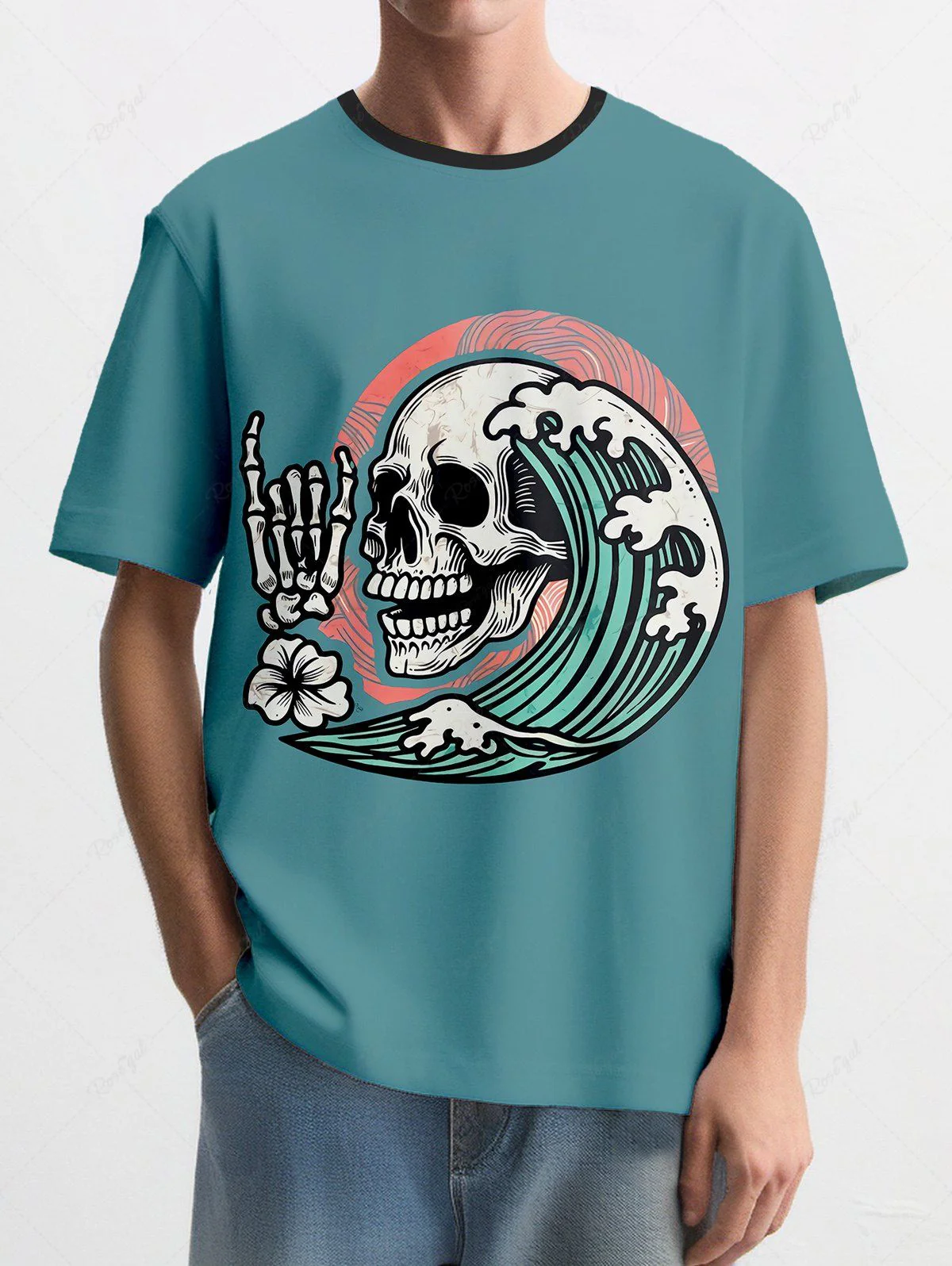 Skull Skeleton Floral Sea Wave Print Tank Top and T-shirt For Men Dog and Owner Matching Outfits - Image 6