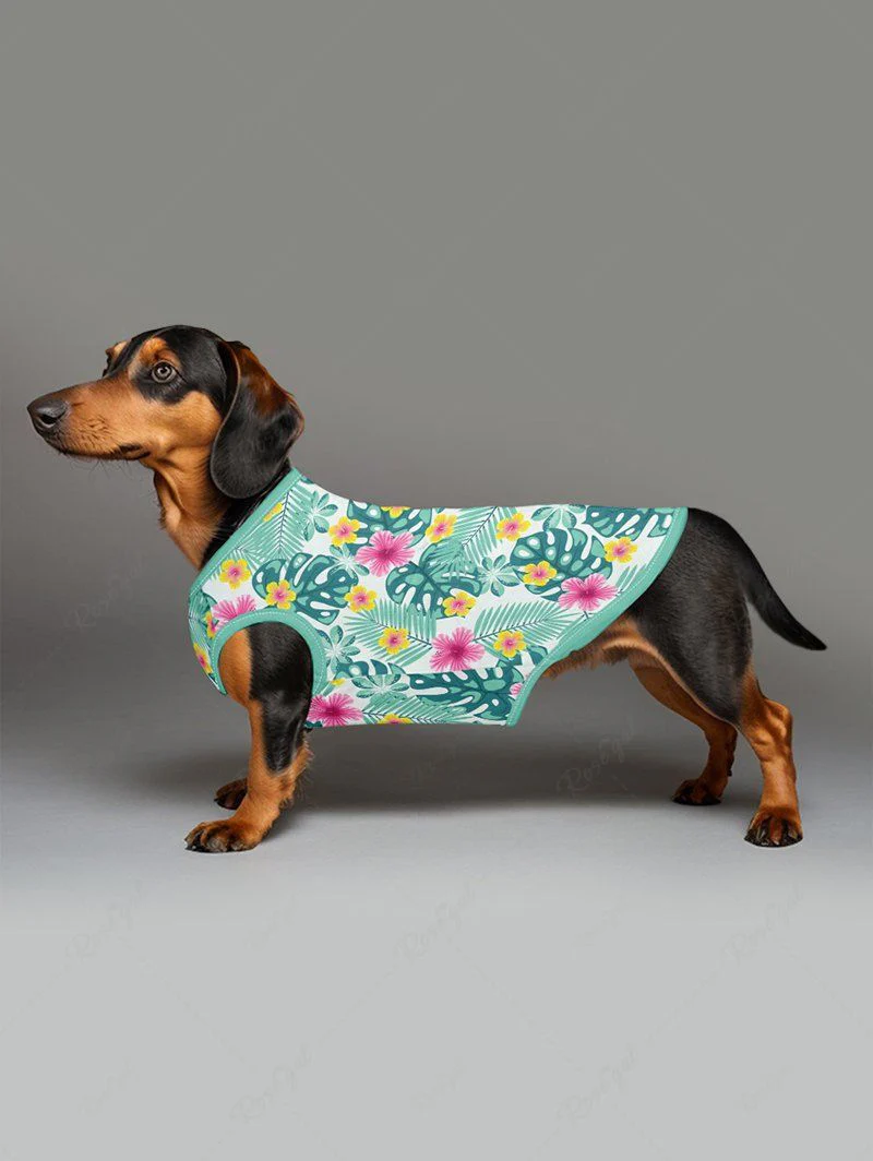 Tropical Leaf Flowers Print Hawaii Tank Top and Romper Dog and Owner Matching Outfits - Image 3